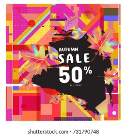 Autumn sale memphis style web banner. Fashion and travel discount poster. Vector holiday Abstract colorful illustration with special offer and promotion.