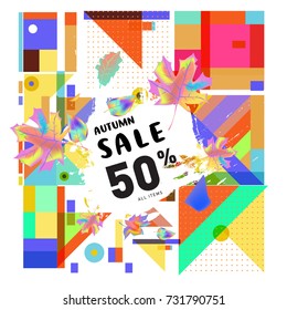 Autumn sale memphis style web banner. Fashion and travel discount poster. Vector holiday Abstract colorful illustration with special offer and promotion.