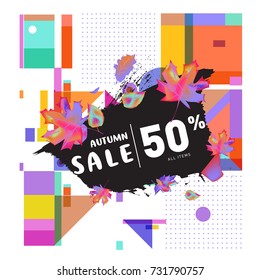 Autumn sale memphis style web banner. Fashion and travel discount poster. Vector holiday Abstract colorful illustration with special offer and promotion.