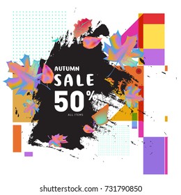 Autumn sale memphis style web banner. Fashion and travel discount poster. Vector holiday Abstract colorful illustration with special offer and promotion.