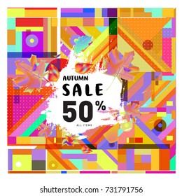 Autumn sale memphis style web banner. Fashion and travel discount poster. Vector holiday Abstract colorful illustration with special offer and promotion.