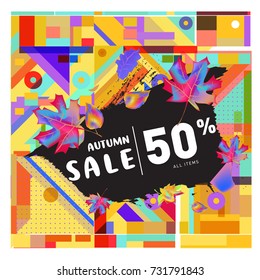 Autumn sale memphis style web banner. Fashion and travel discount poster. Vector holiday Abstract colorful illustration with special offer and promotion.