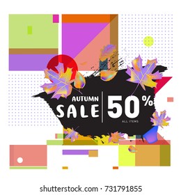 Autumn sale memphis style web banner. Fashion and travel discount poster. Vector holiday Abstract colorful illustration with special offer and promotion.