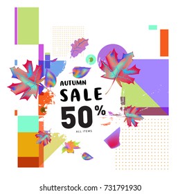 Autumn sale memphis style web banner. Fashion and travel discount poster. Vector holiday Abstract colorful illustration with special offer and promotion.