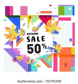 Autumn sale memphis style web banner. Fashion and travel discount poster. Vector holiday Abstract colorful illustration with special offer and promotion.