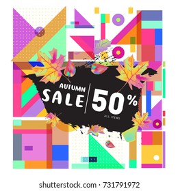 Autumn sale memphis style web banner. Fashion and travel discount poster. Vector holiday Abstract colorful illustration with special offer and promotion.