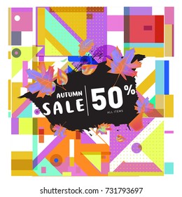 Autumn sale memphis style web banner. Fashion and travel discount poster. Vector holiday Abstract colorful illustration with special offer and promotion.