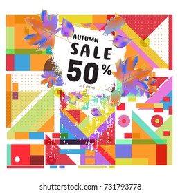 Autumn sale memphis style web banner. Fashion and travel discount poster. Vector holiday Abstract colorful illustration with special offer and promotion.