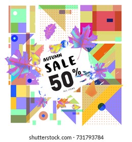 Autumn sale memphis style web banner. Fashion and travel discount poster. Vector holiday Abstract colorful illustration with special offer and promotion.