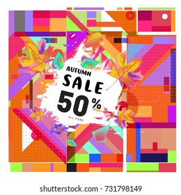 Autumn sale memphis style web banner. Fashion and travel discount poster. Vector holiday Abstract colorful illustration with special offer and promotion.