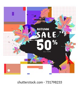 Autumn sale memphis style web banner. Fashion and travel discount poster. Vector holiday Abstract colorful illustration with special offer and promotion.