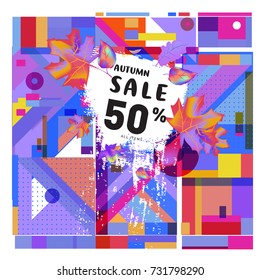 Autumn sale memphis style web banner. Fashion and travel discount poster. Vector holiday Abstract colorful illustration with special offer and promotion.