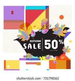 Autumn sale memphis style web banner. Fashion and travel discount poster. Vector holiday Abstract colorful illustration with special offer and promotion.