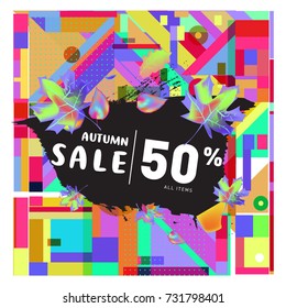 Autumn sale memphis style web banner. Fashion and travel discount poster. Vector holiday Abstract colorful illustration with special offer and promotion.