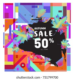 Autumn sale memphis style web banner. Fashion and travel discount poster. Vector holiday Abstract colorful illustration with special offer and promotion.