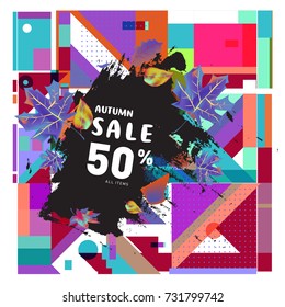 Autumn sale memphis style web banner. Fashion and travel discount poster. Vector holiday Abstract colorful illustration with special offer and promotion.