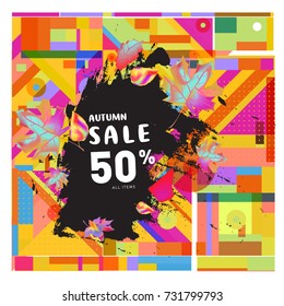 Autumn sale memphis style web banner. Fashion and travel discount poster. Vector holiday Abstract colorful illustration with special offer and promotion.