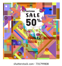 Autumn sale memphis style web banner. Fashion and travel discount poster. Vector holiday Abstract colorful illustration with special offer and promotion.