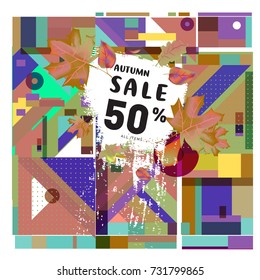 Autumn sale memphis style web banner. Fashion and travel discount poster. Vector holiday Abstract colorful illustration with special offer and promotion.