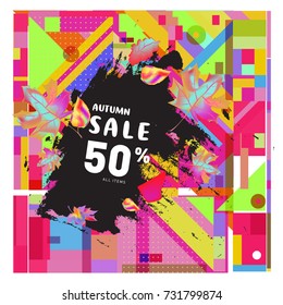 Autumn sale memphis style web banner. Fashion and travel discount poster. Vector holiday Abstract colorful illustration with special offer and promotion.