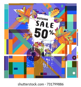 Autumn sale memphis style web banner. Fashion and travel discount poster. Vector holiday Abstract colorful illustration with special offer and promotion.