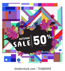 Autumn sale memphis style web banner. Fashion and travel discount poster. Vector holiday Abstract colorful illustration with special offer and promotion.