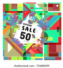 Autumn sale memphis style web banner. Fashion and travel discount poster. Vector holiday Abstract colorful illustration with special offer and promotion.
