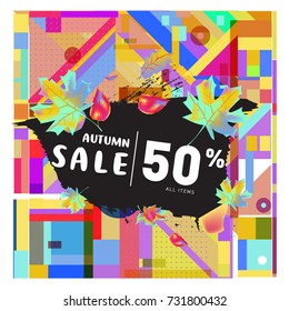 Autumn sale memphis style web banner. Fashion and travel discount poster. Vector holiday Abstract colorful illustration with special offer and promotion.