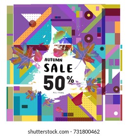 Autumn sale memphis style web banner. Fashion and travel discount poster. Vector holiday Abstract colorful illustration with special offer and promotion.