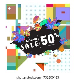 Autumn sale memphis style web banner. Fashion and travel discount poster. Vector holiday Abstract colorful illustration with special offer and promotion.