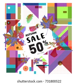 Autumn sale memphis style web banner. Fashion and travel discount poster. Vector holiday Abstract colorful illustration with special offer and promotion.