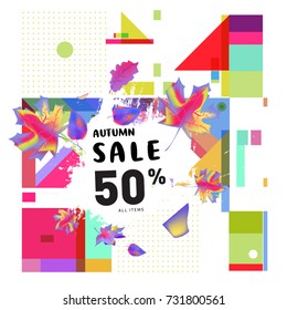 Autumn sale memphis style web banner. Fashion and travel discount poster. Vector holiday Abstract colorful illustration with special offer and promotion.