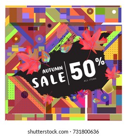 Autumn sale memphis style web banner. Fashion and travel discount poster. Vector holiday Abstract colorful illustration with special offer and promotion.