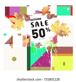 Autumn sale memphis style web banner. Fashion and travel discount poster. Vector holiday Abstract colorful illustration with special offer and promotion.
