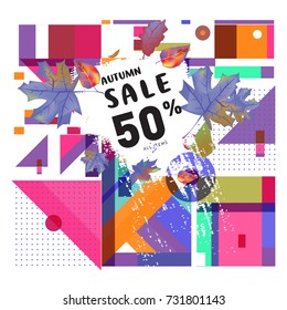 Autumn sale memphis style web banner. Fashion and travel discount poster. Vector holiday Abstract colorful illustration with special offer and promotion.