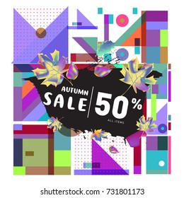 Autumn sale memphis style web banner. Fashion and travel discount poster. Vector holiday Abstract colorful illustration with special offer and promotion.