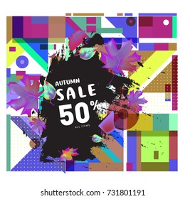 Autumn sale memphis style web banner. Fashion and travel discount poster. Vector holiday Abstract colorful illustration with special offer and promotion.