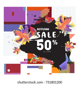 Autumn sale memphis style web banner. Fashion and travel discount poster. Vector holiday Abstract colorful illustration with special offer and promotion.