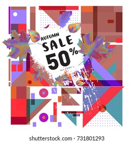 Autumn sale memphis style web banner. Fashion and travel discount poster. Vector holiday Abstract colorful illustration with special offer and promotion.