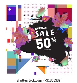 Autumn sale memphis style web banner. Fashion and travel discount poster. Vector holiday Abstract colorful illustration with special offer and promotion.