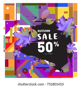 Autumn sale memphis style web banner. Fashion and travel discount poster. Vector holiday Abstract colorful illustration with special offer and promotion.