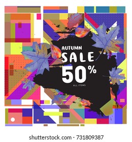 Autumn sale memphis style web banner. Fashion and travel discount poster. Vector holiday Abstract colorful illustration with special offer and promotion.