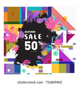 Autumn sale memphis style web banner. Fashion and travel discount poster. Vector holiday Abstract colorful illustration with special offer and promotion.