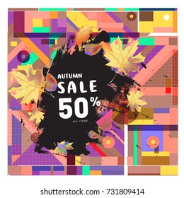 Autumn sale memphis style web banner. Fashion and travel discount poster. Vector holiday Abstract colorful illustration with special offer and promotion.