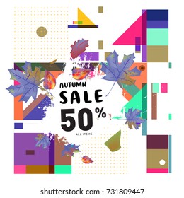 Autumn sale memphis style web banner. Fashion and travel discount poster. Vector holiday Abstract colorful illustration with special offer and promotion.