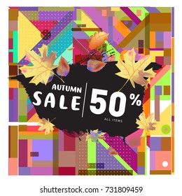 Autumn sale memphis style web banner. Fashion and travel discount poster. Vector holiday Abstract colorful illustration with special offer and promotion.