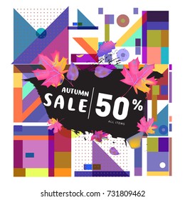 Autumn sale memphis style web banner. Fashion and travel discount poster. Vector holiday Abstract colorful illustration with special offer and promotion.