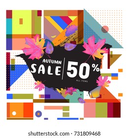 Autumn sale memphis style web banner. Fashion and travel discount poster. Vector holiday Abstract colorful illustration with special offer and promotion.