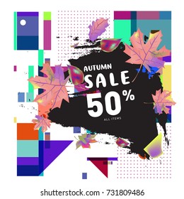 Autumn sale memphis style web banner. Fashion and travel discount poster. Vector holiday Abstract colorful illustration with special offer and promotion.