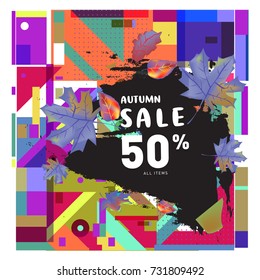 Autumn sale memphis style web banner. Fashion and travel discount poster. Vector holiday Abstract colorful illustration with special offer and promotion.